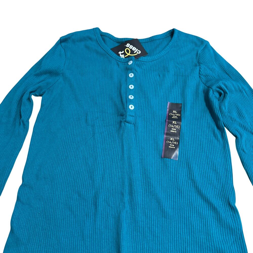 Art Class Girls' Teal Green Ruffle Trim Henley Long Sleeve T-Shirt - XL - NWT
